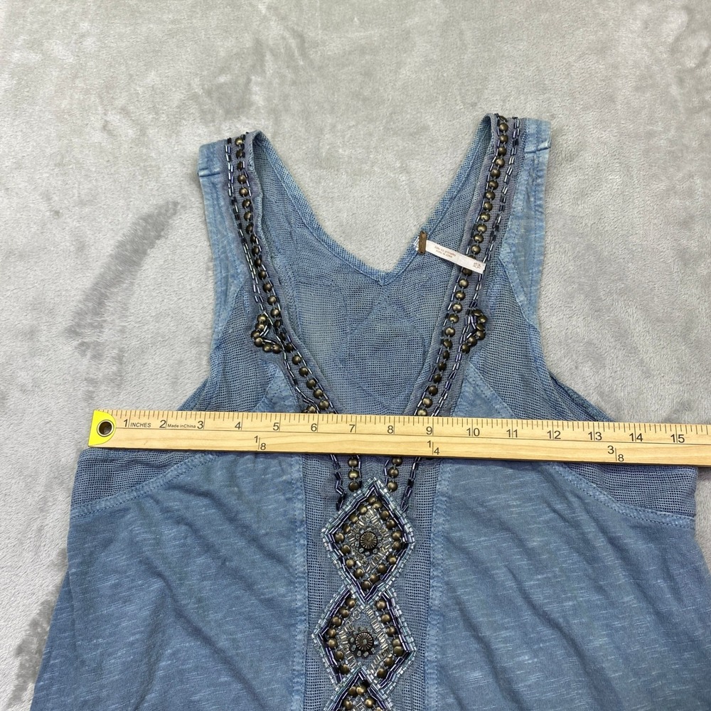 Free People Blue Beaded Embellished Mesh Sharkbite Tank Top XS Slub Knit Boho - Picture 2 of 7
